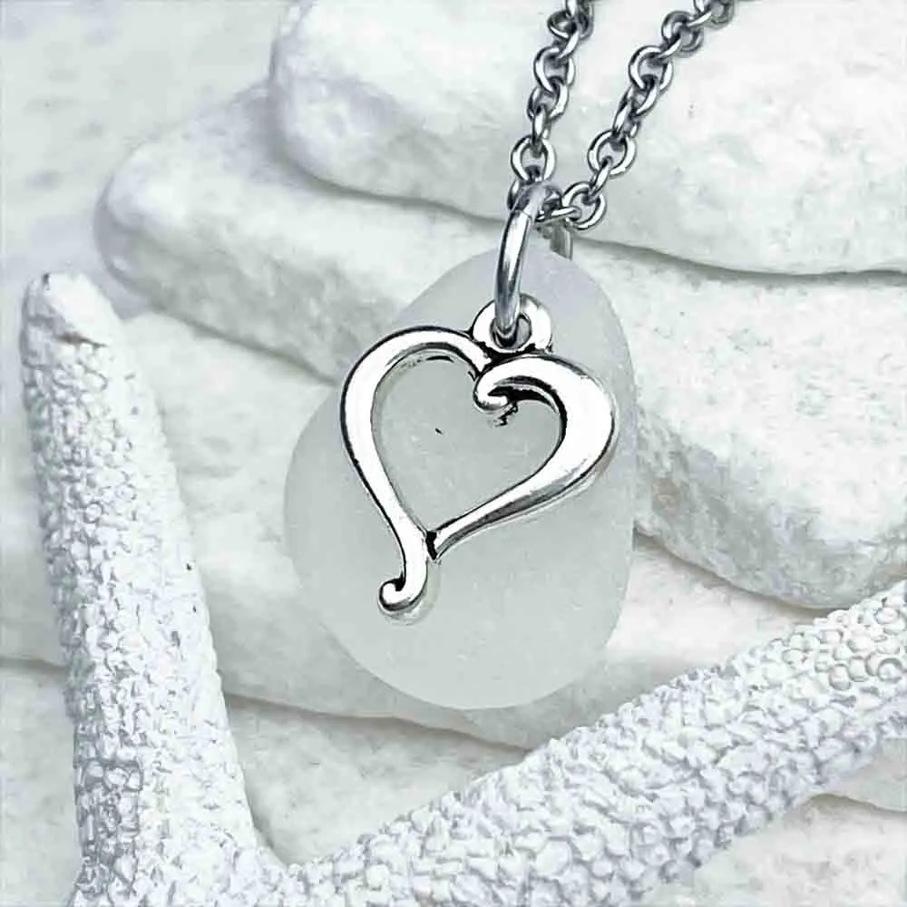 Velvety Crystal Clear Sea Glass Pendant with Sterling Silver Heart Charm |#1748