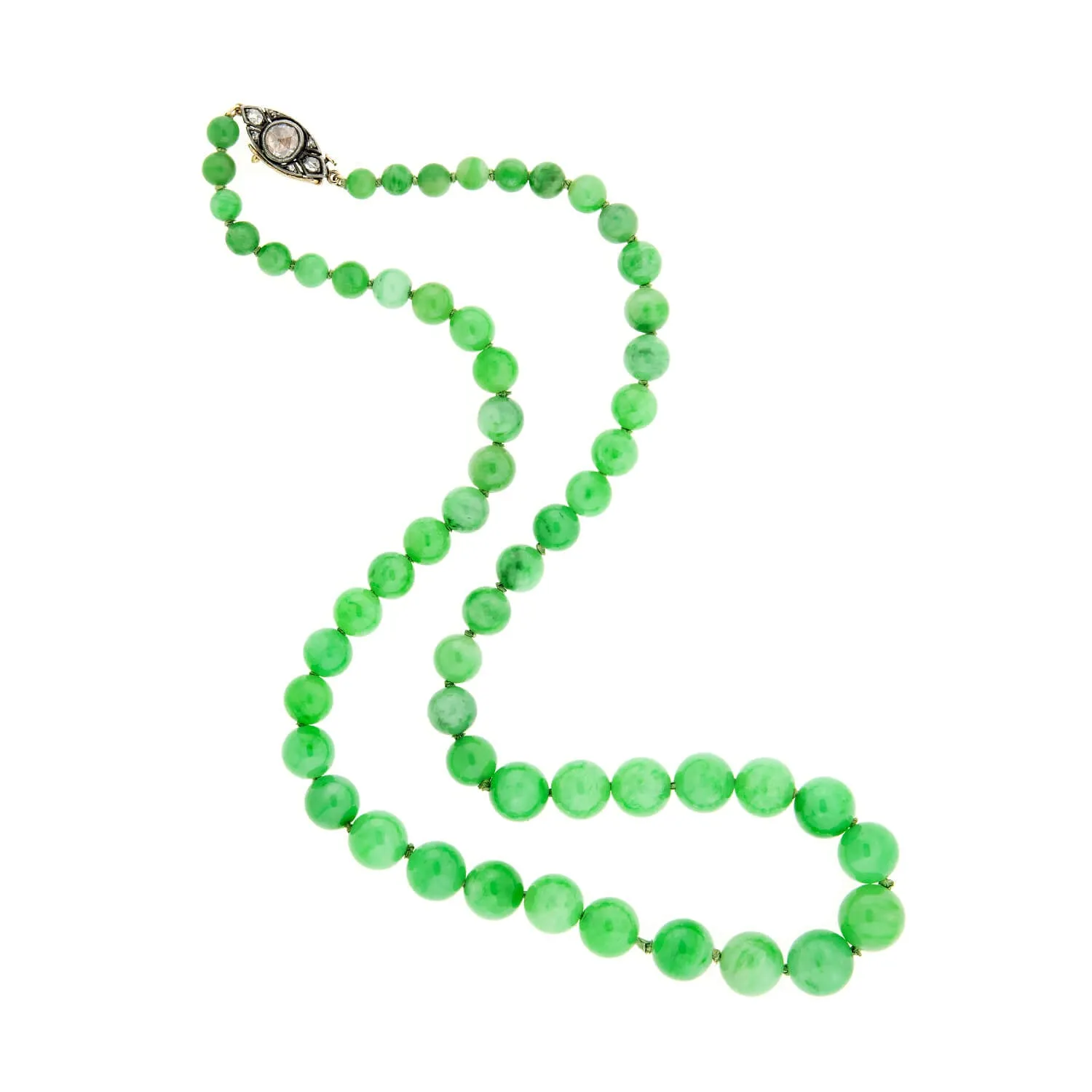 Victorian 14k/SS Jadeite Bead Necklace   Diamond Eye Clasp