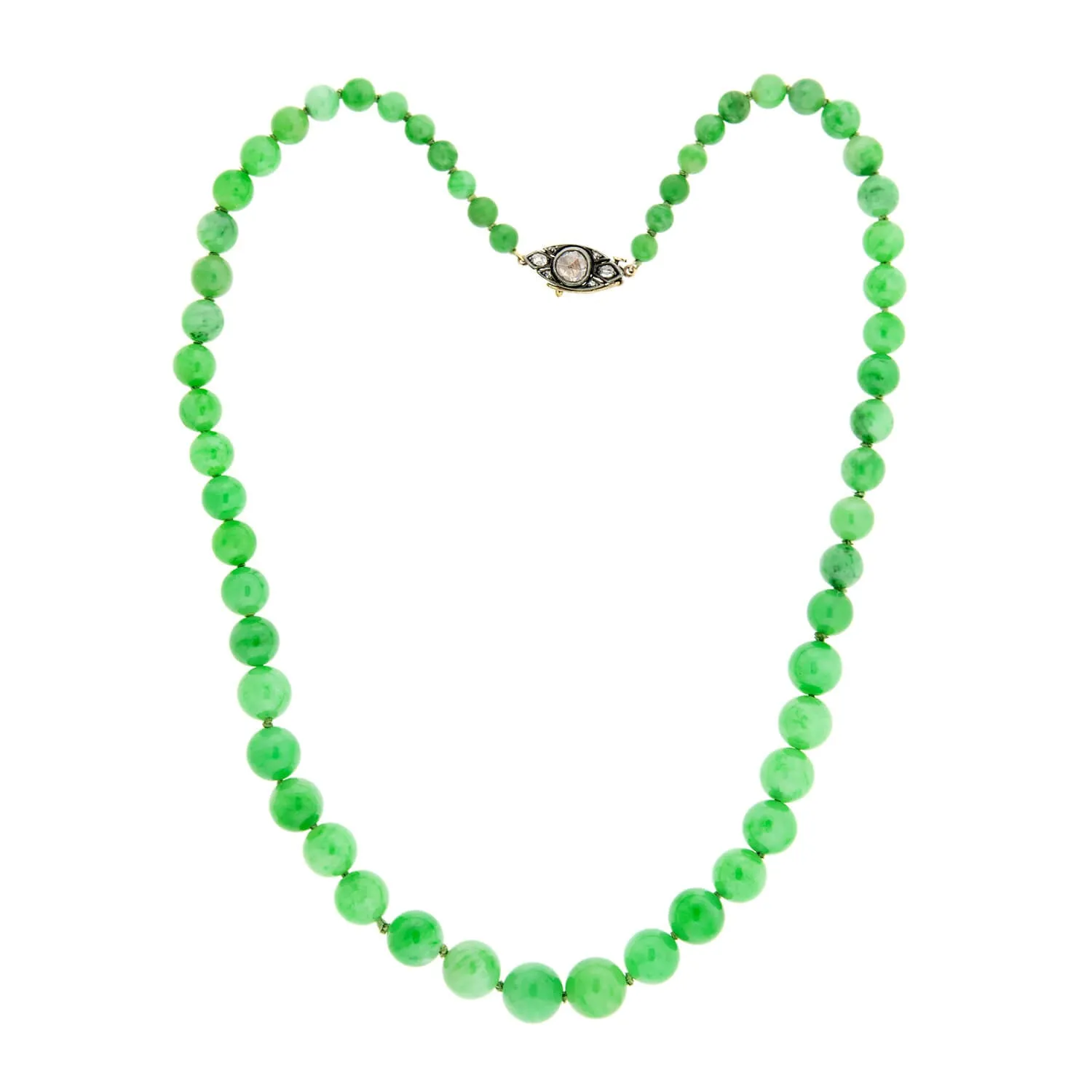 Victorian 14k/SS Jadeite Bead Necklace   Diamond Eye Clasp