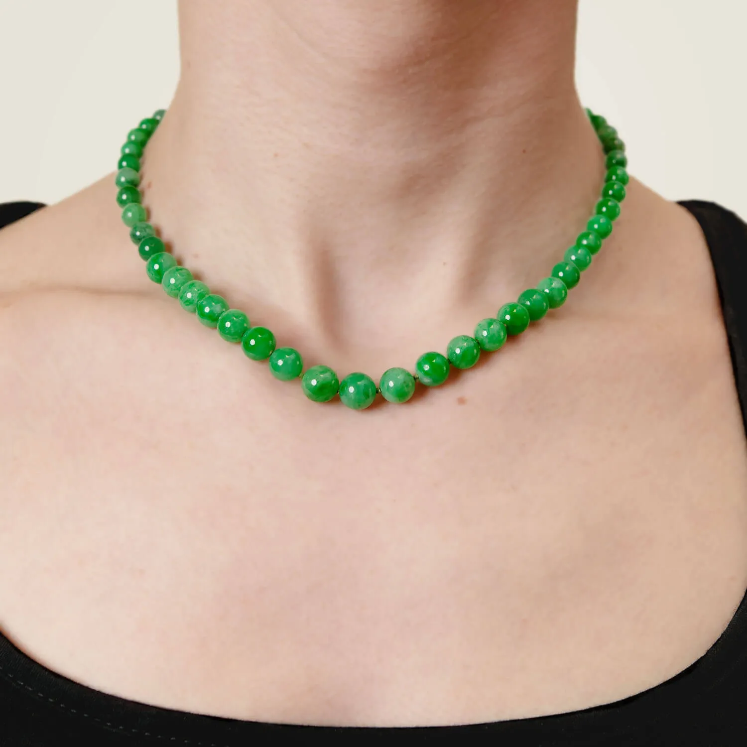 Victorian 14k/SS Jadeite Bead Necklace   Diamond Eye Clasp