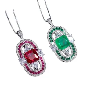 Vintage 12*12mm Emerald Ruby Pendant Cocktail Necklace