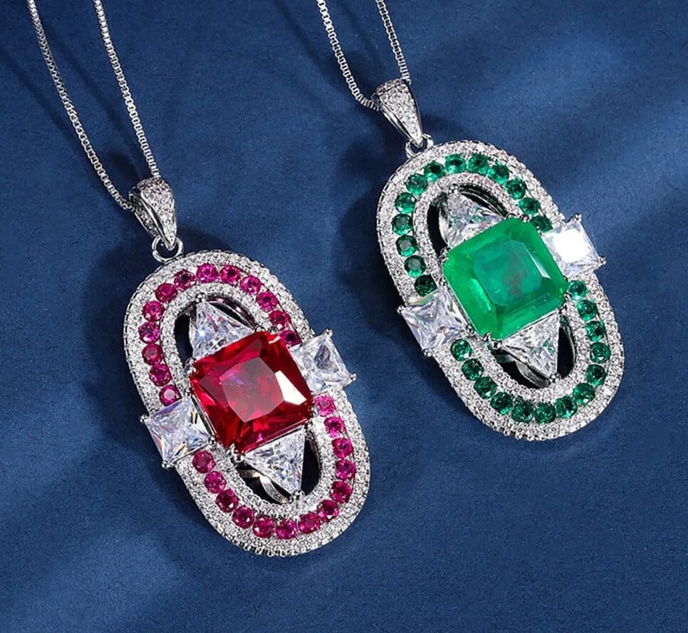 Vintage 12*12mm Emerald Ruby Pendant Cocktail Necklace