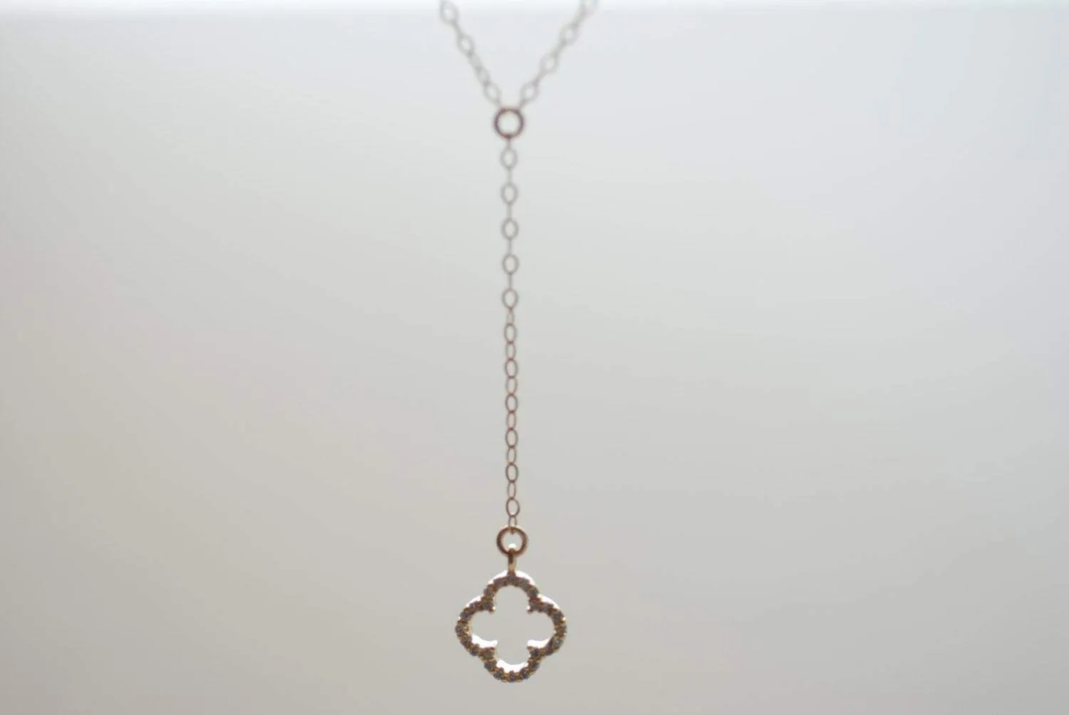 Wholesale Gold Quatrefoil Clover Necklace Lariat with Cubic Zirconia, Clover Lariat,four leaf clover necklace,crystal clover charm,gold clover lariat